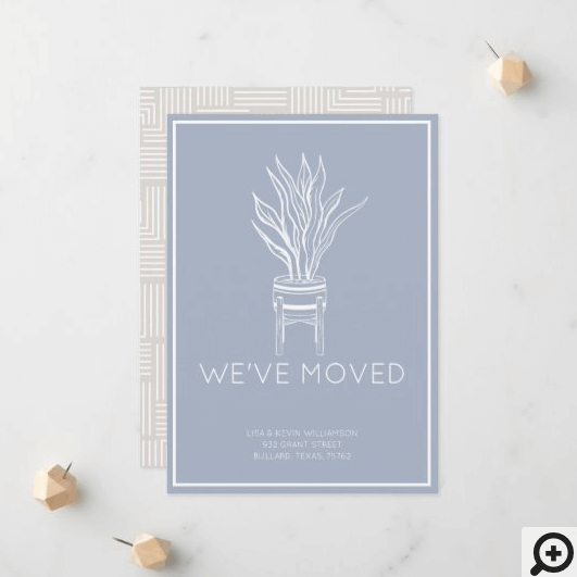 We've Moved Modern Potted House Plant Dusty Blue Announcement