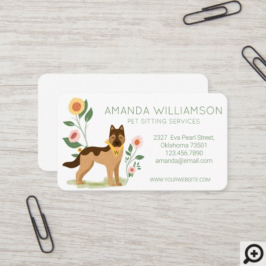 Adorable Floral German Shepard Pet Care Services Business Card