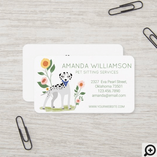 Cute Floral Dalmatian Dog Dog Pet Care Services Business Card