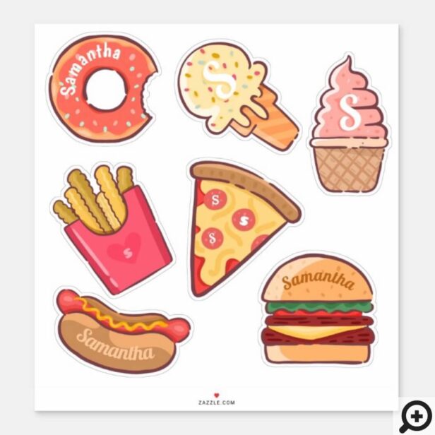 Fun Junk Food Cartoons Custom Name & Monogram Sticker