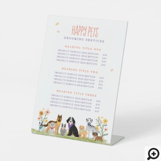 Lovable Happy Pet Care & Grooming Service Prices One Column Pedestal Sign