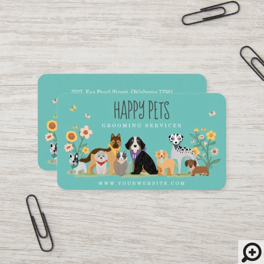 Loveable Happy Pet Family Pet Care, Grooming Blue Business Card