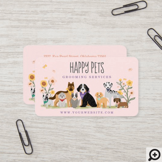 Loveable Happy Pet Family Pet Care, Grooming Pink Business Card