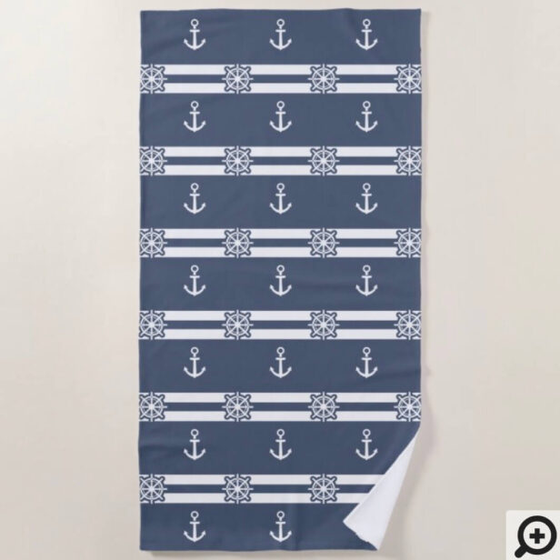 Nautical Grey & White Stripes, Anchor & Ship Wheel Beach Towel