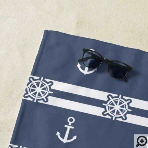 Nautical Grey & White Stripes, Anchor & Ship Wheel Beach Towel