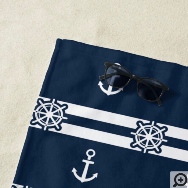 Nautical Navy & White Stripes, Anchor & Ship Wheel Beach Towel