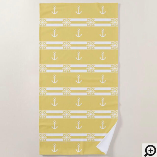 Nautical Yellow & White Stripes, Anchor Ship Wheel Beach Towel