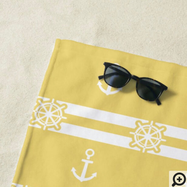 Nautical Yellow & White Stripes, Anchor Ship Wheel Beach Towel