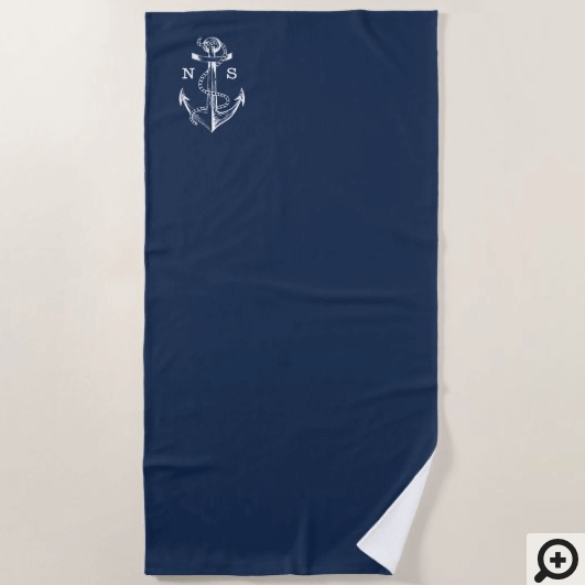 Navy Blue Ship Nautical Anchor & Rope Monogram Beach Towel