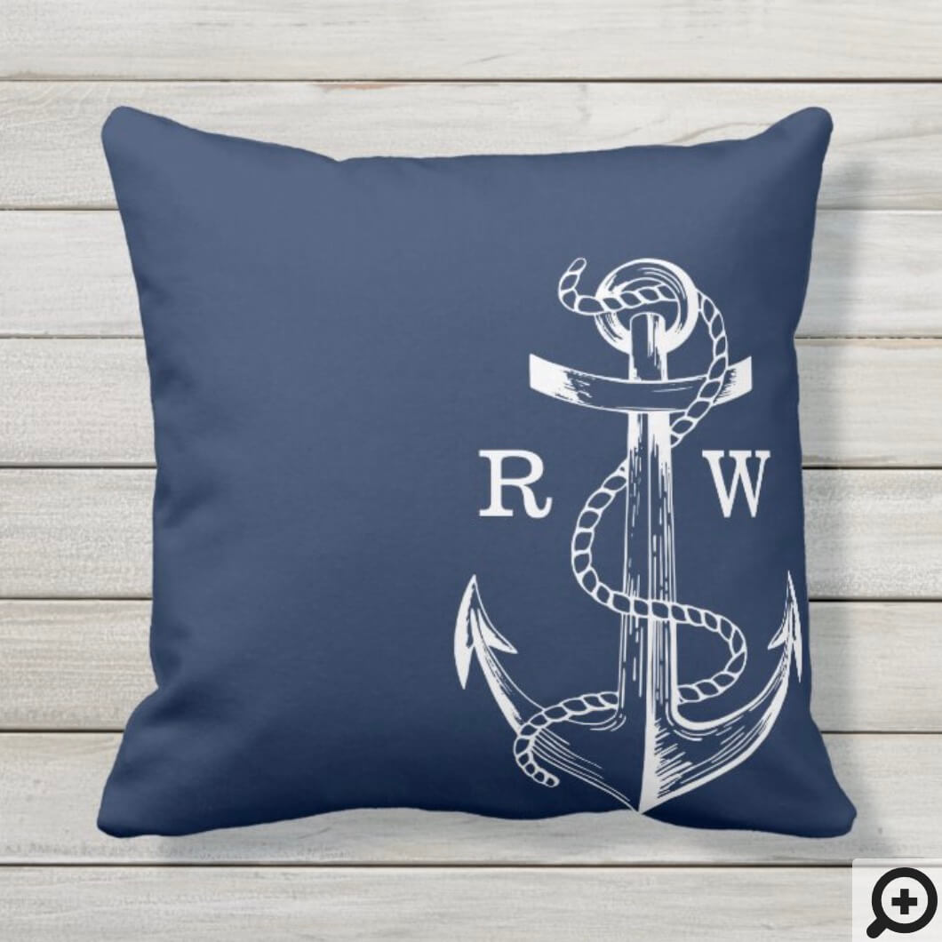 Navy Blue Ship Nautical Anchor & Rope Monogram Outdoor Pillow