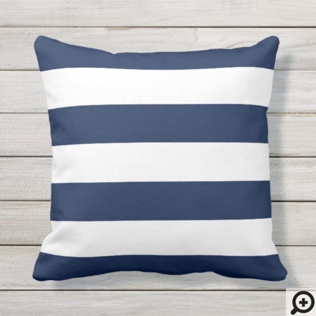 Navy Blue Ship Nautical Navy & White Stripe Outdoor Pillow