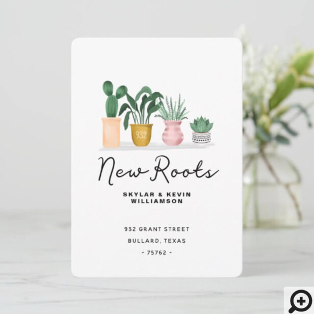 New Roots | Chic Watercolor Potted Plants Moving Announcement
