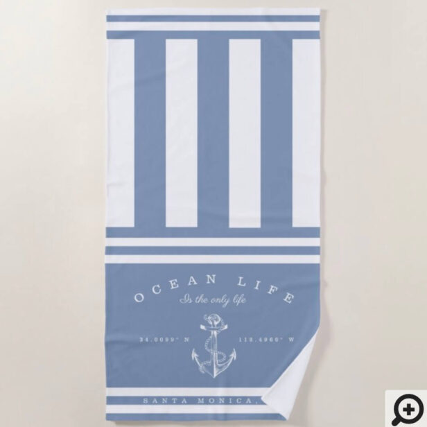 Ocean Life Nautical Blue & White Stripe Anchor Beach Towel