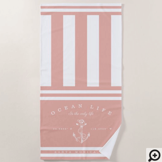 Ocean Life Nautical Blush & White Stripe Anchor Beach Towel