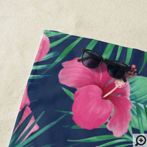 Pink Hibiscus Flowers & Tropical Palm Leaf Oasis Beach Towel
