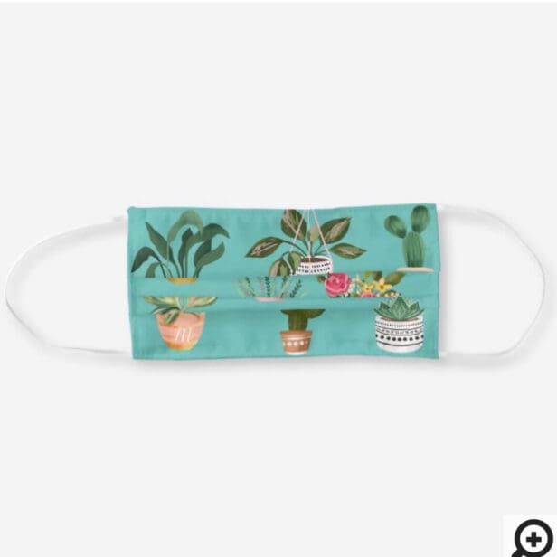 Plant Lady | Watercolor Potted Plants, Teal Blue Cloth Face Mask