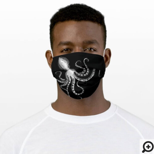 Rustic Vintage Engraved Style Octopus Black Cloth Face Mask