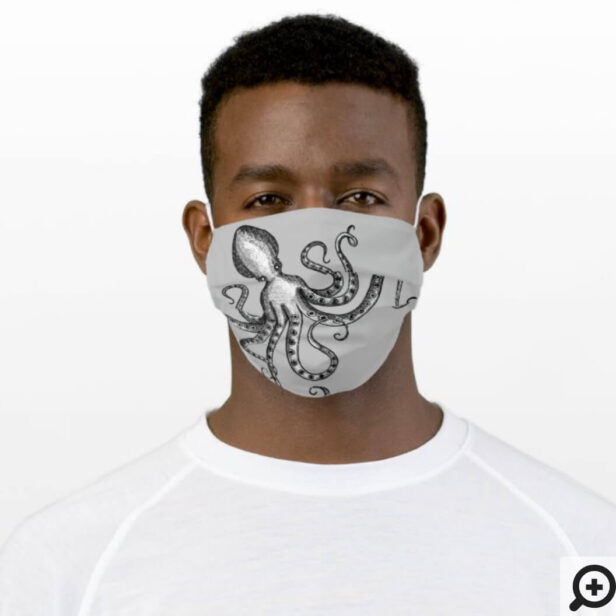 Rustic Vintage Engraved Style Octopus Black & Grey Cloth Face Mask