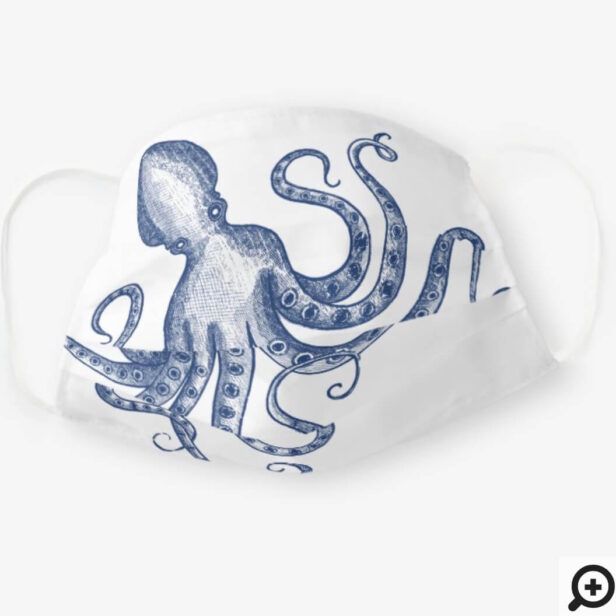 Rustic Vintage Engraved Style Octopus Blue & White Cloth Face Mask