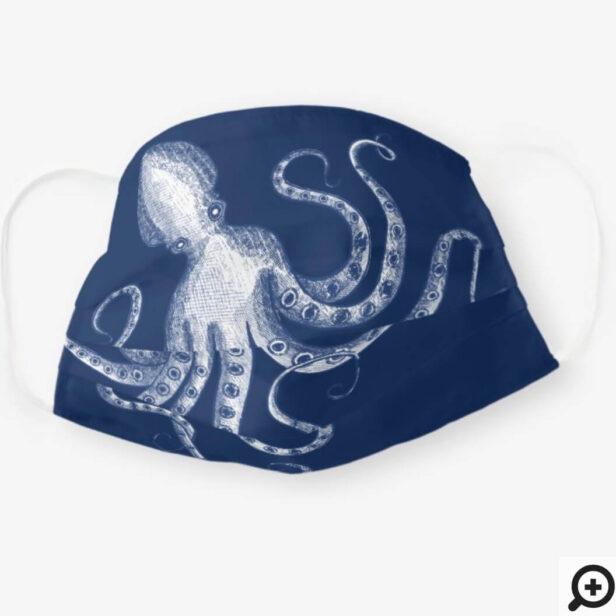 Rustic Vintage Engraved Style Octopus Navy Blue Cloth Face Mask