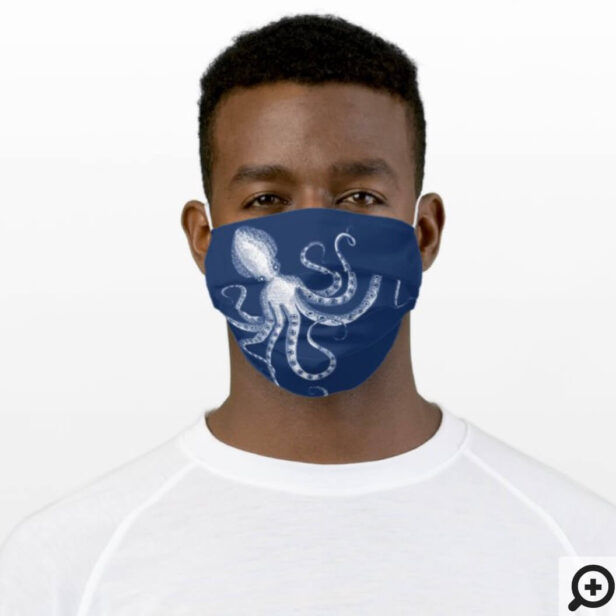 Rustic Vintage Engraved Style Octopus Navy Blue Cloth Face Mask