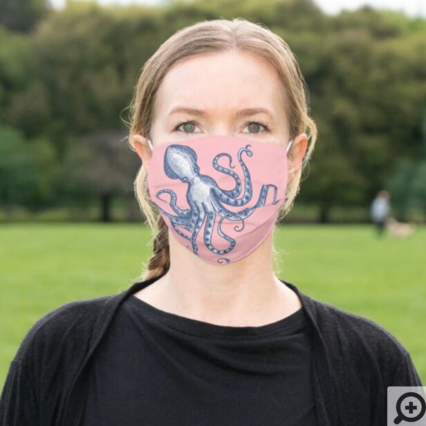 Rustic Vintage Engraved Style Octopus Navy & Pink Cloth Face Mask