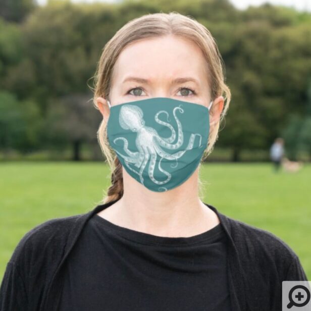 Rustic Vintage Engraved Style Octopus Teal Cloth Face Mask