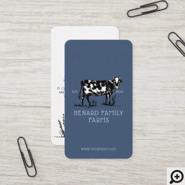 Rustic Vintage Sketch Farm Dairy Cow Dusty Blue Business Card