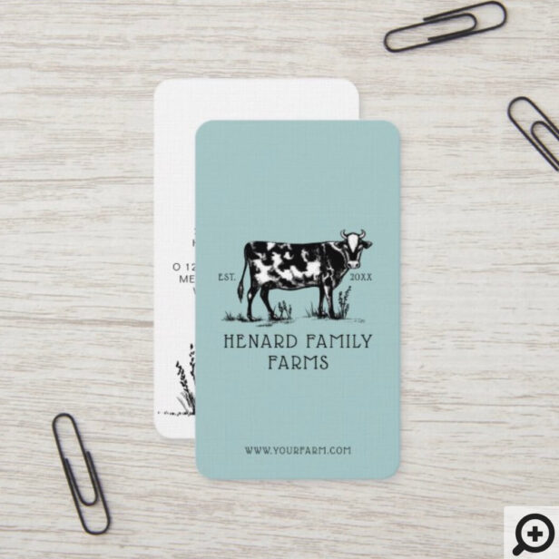 Rustic Vintage Sketch Farm Dairy Cow Pale Blue Business Card