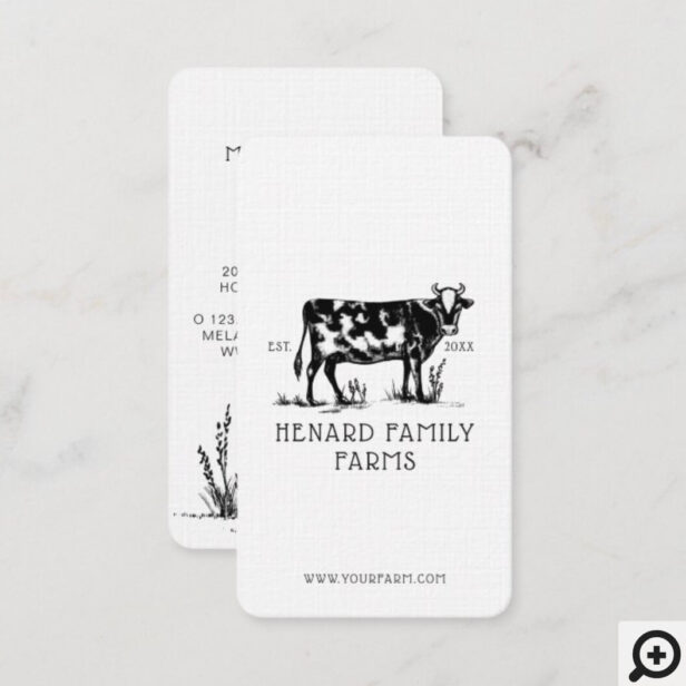 Rustic Vintage Sketch Farm Dairy Cow White Business Card