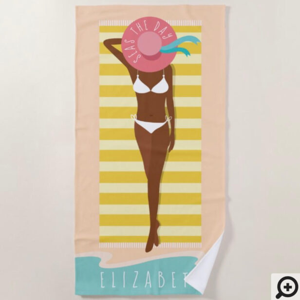 Seas The Day | African American Beach Beauty Sunbathing Custom Name Beach Towel