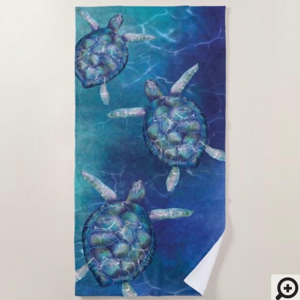 Swimming Sea Turtles Deep Blue & Turquoise Ocean Beach Towel