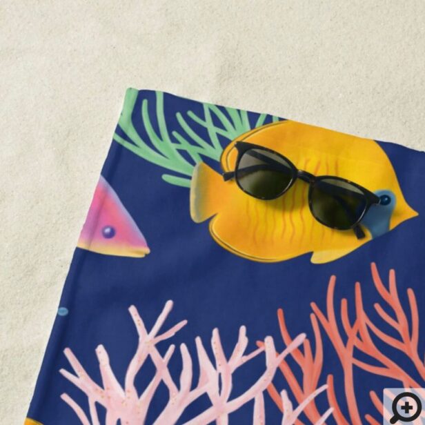 Under The Ocean Colorful Watercolor Fish & Coral Beach Towel