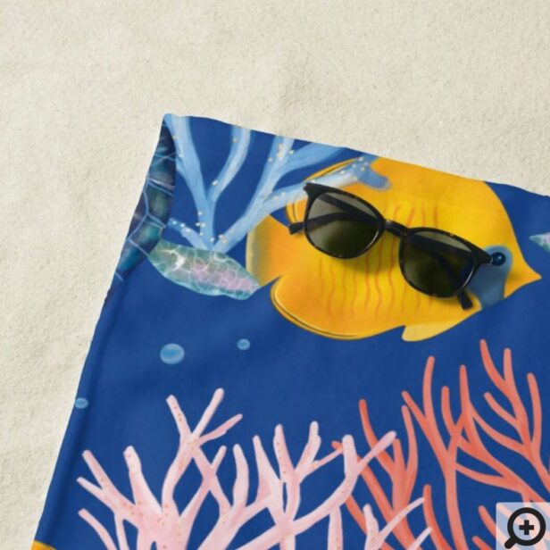 Under The Ocean Watercolor Fish, Turtle & Coral Beach Towel