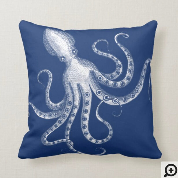Vintage Engraved Style Octopus Ocean Theme Navy Throw Pillow