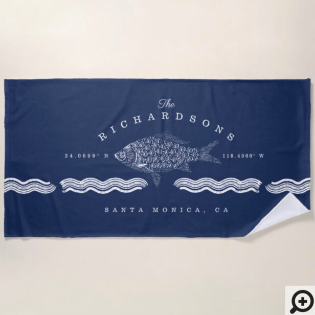 Vintage Etched Style Fish, Waves Ocean Coordinates Beach Towel