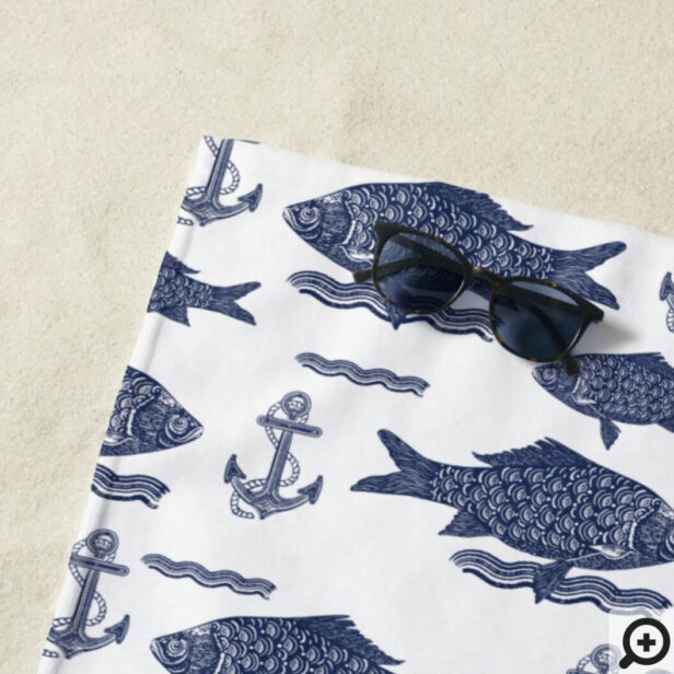 Vintage Sketch Nautical Fish, Waves & Anchor White Beach Towel