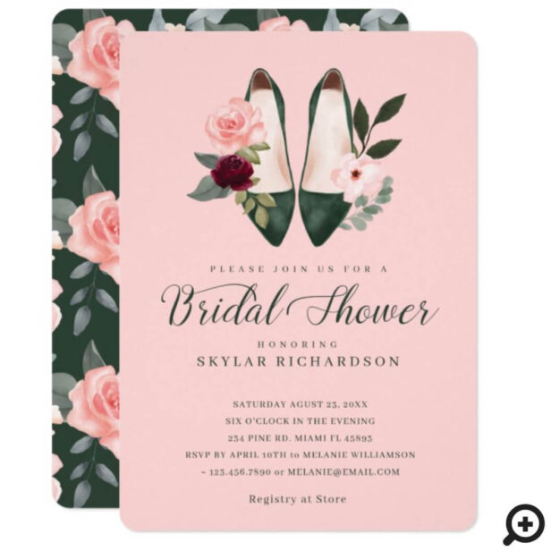 Watercolor Emerald High Heel Floral Bridal Shower Invitation