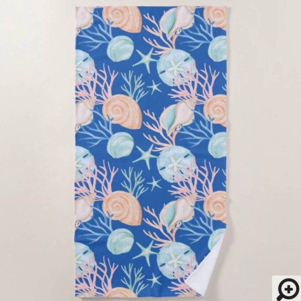 Watercolor Ocean Seashells & Coral Pattern Beach Towel