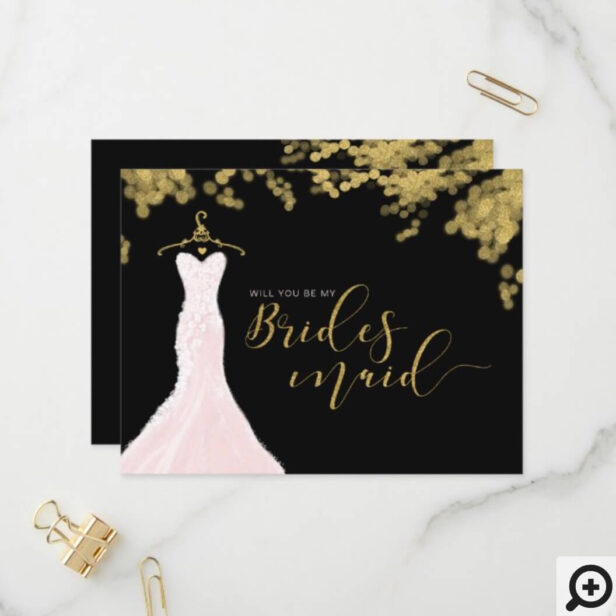 Wedding Dress Black Gold Will You Be Bridesmaid Invitation Postcard