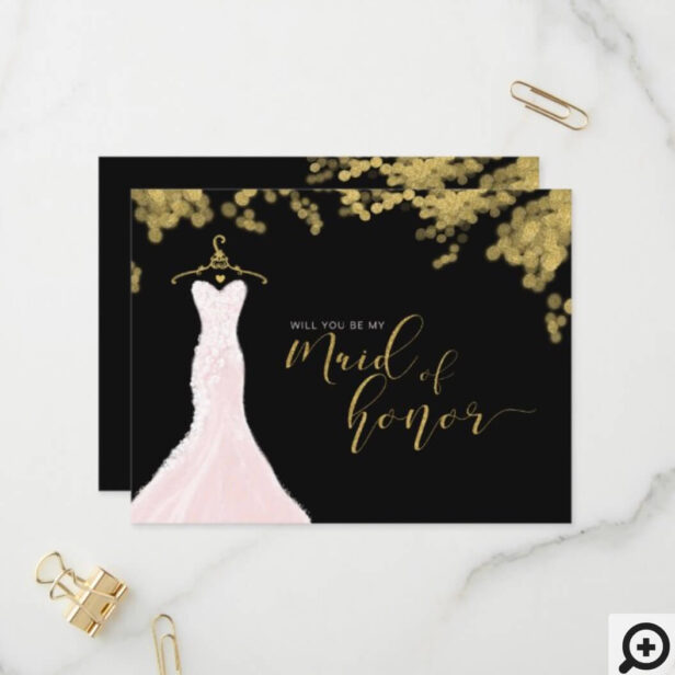 Wedding Dress Black Gold Will You Be Maid of Honor Invitation Postcard
