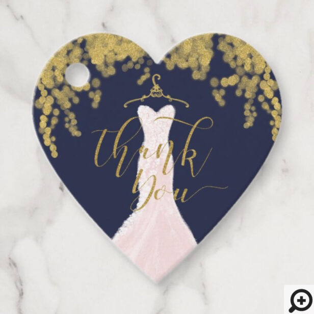 Wedding Dress Bridal Shower Gold Bokeh Light Navy Favor Tags