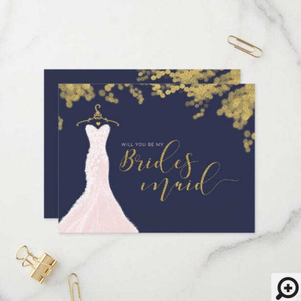 Wedding Dress Navy Gold Will You Be Bridesmaid Invitation Postcard