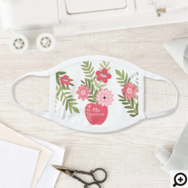 Blooming Floral Red Apple Back To School Teachers White Face Mask