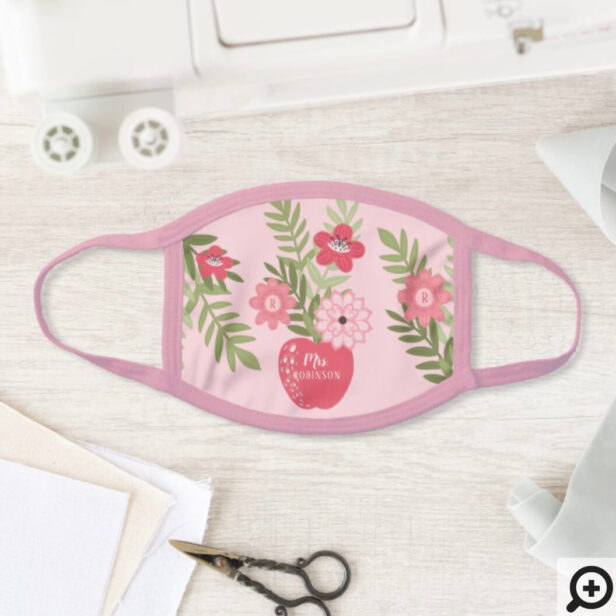 Blooming Floral Red Apple Back To School Teachers Pink Face Mask