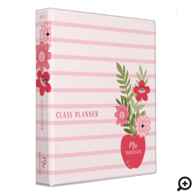 Blooming Floral Red Apple Teacher Class Planner 3 Ring Binder
