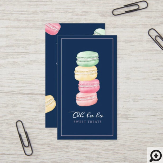 Colorful Watercolor French Macaron Bakery & Sweets Navy Business Card