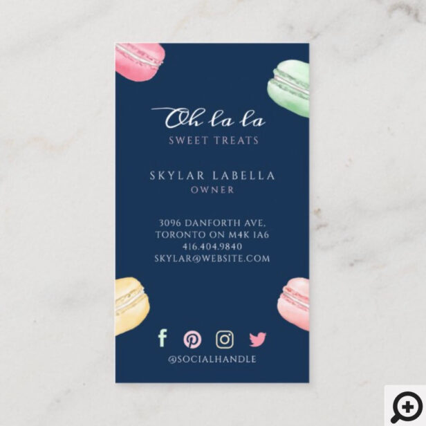 Colorful Watercolor French Macaron Bakery & Sweets Navy Business Card