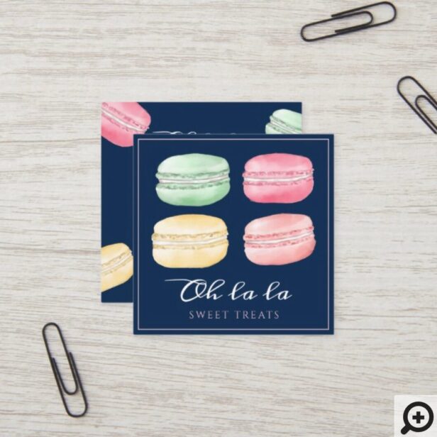 Colorful Watercolor French Macaron Bakery & Sweets Navy Square Business Card
