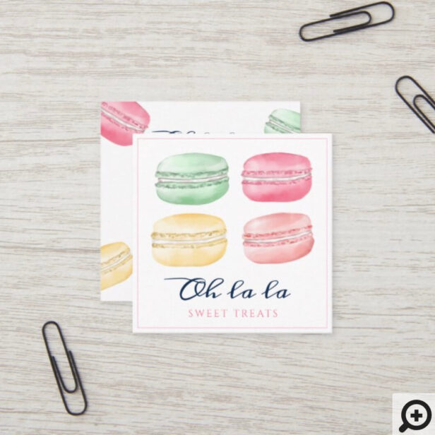 Colorful Watercolor French Macaron Bakery & Sweets White Square Business Card